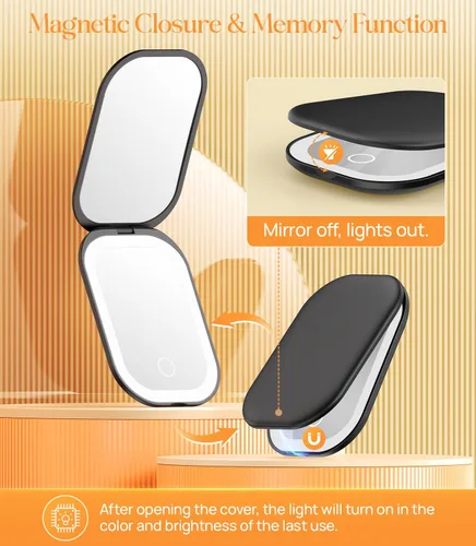 Miniatura 6 de Gospire Espejo compacto iluminado con luz y aumento 1X/3X, atenuación continua y luces ajustables de tres colores, batería recargable y espejo Negro
