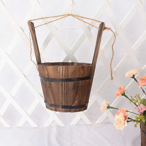 Miniatura 9 de DOITOOL Macetas colgantes rústicas de madera, maceta colgante de cubo rústico de madera para deseos, maceta para suculentas, maceta para patio