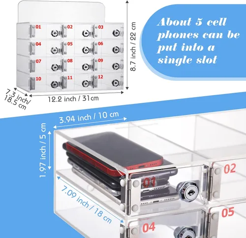 Miniatura 3 de Threan Caja de almacenamiento para teléfono celular de 12 ranuras, gabinete de almacenamiento de acrílico transparente para teléfono celular montado