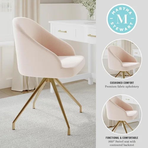 Miniatura 4 de Martha Stewart Sora Silla de Trabajo Giratoria Fija con Brazos Inclinados para Oficina en Casa en Tela Conch Shell con Marco de Latón Pulido