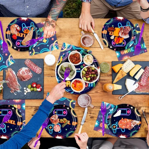 Miniatura 6 de 96 platos de fiesta de videojuegos, suministros de neón para fiestas, decoraciones de vajilla que brillan en la oscuridad, platos de papel