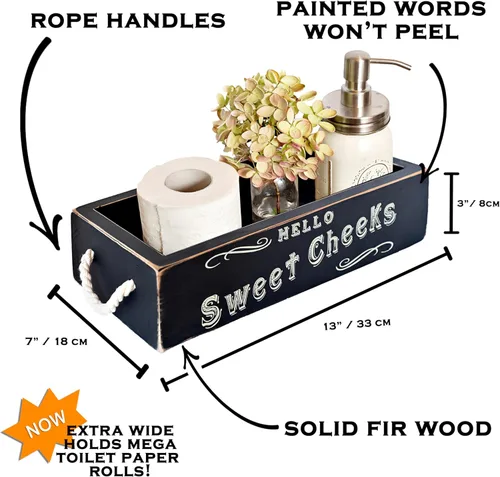 Miniatura 2 de MAINEVENT - Caja de decoración de baño con frase "Hello Sweet Cheeks", una caja con diseño en 2 lados, organizador de baño de estilo granja Blanco