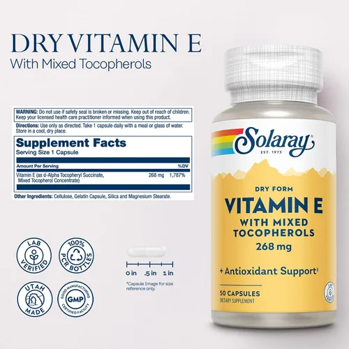 Miniatura 2 de SOLARAY Vitamina E 400 UI (268 mg), forma seca con tocoferoles mixtos Vitamina E - Suplemento antioxidante, PMS y apoyo para la menopausia