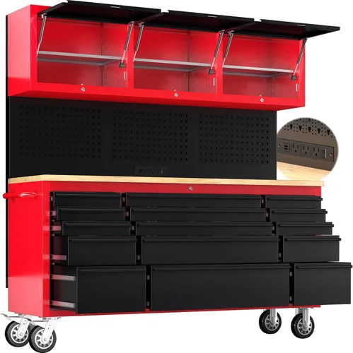 Miniatura 21 de Caja de herramientas de 4 cajones con cerradura y llaves, caja de herramientas portátil con encimera multifuncional, con forro de cajón y orificios