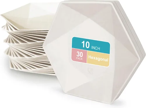 Miniatura 17 de Paquete de 30 platos de papel desechables de 8 pulgadas, platos de papel hexagonal azul, platos de postre 100% biodegradables para bodas