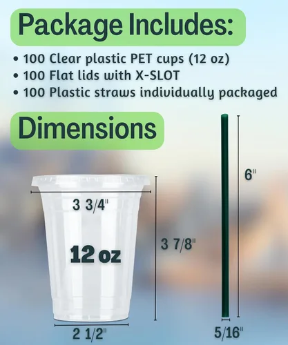 Miniatura 3 de [100 CONJUNTOS] Vasos de plástico transparente de 12 onzas con tapas y POPOTES, vasos desechables para café helado con tapas, vasos transparentes
