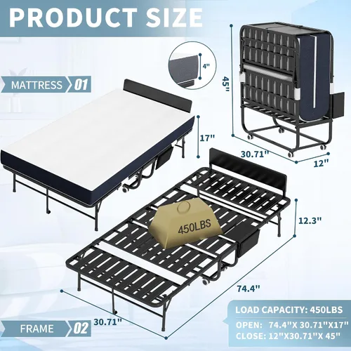 Miniatura 2 de Cama plegable, camas portátiles de 75 x 31 pulgadas para adultos, marco de metal resistente y resistente, cama plegable con ruedas