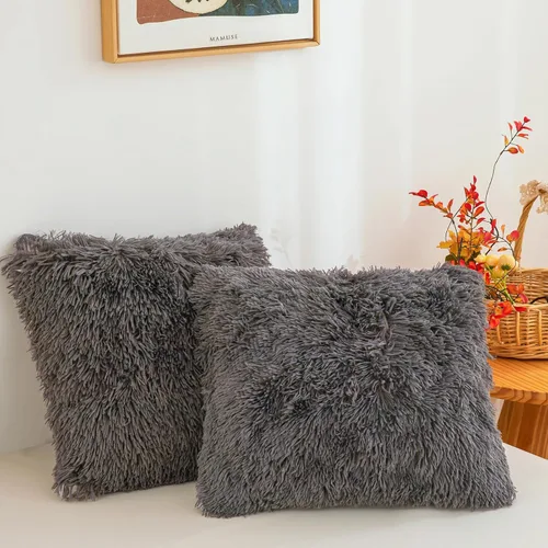 Miniatura 25 de Besfunny Juego de 2 fundas de almohada de pelo sintético negro, mullidas y peludas para decoración de dormitorio, fundas de almohada negras suaves