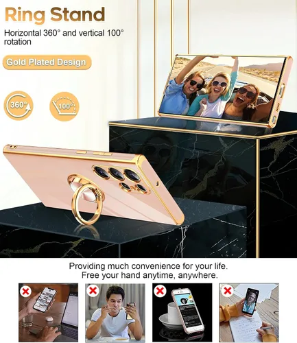 Miniatura 3 de LeYi Funda para Samsung Galaxy S22 Ultra con Soporte de Anillo Giratorio de 360°, Soporte Magnético con Patilla, Borde Chapado en Oro Rosa Protector