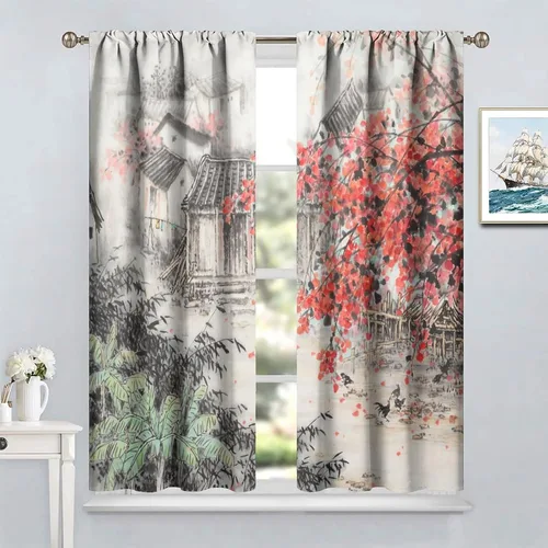 Miniatura 4 de Cortina asiática, flor de cerezo japonés, montañas brumosas de ciruelo rojo asiático, pintura de tinta tradicional, paisaje chino oriental