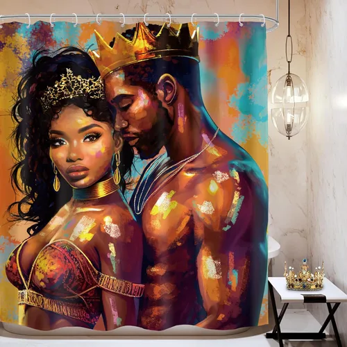 Cortina de ducha afroamericana, romántica, vintage, negro, rey, reina, mujer afro, hombre, amantes, corona dorada moderna, 60 pulgadas de ancho x 72