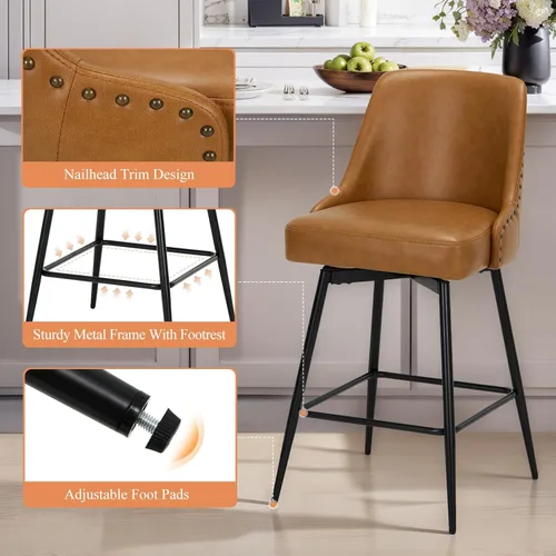 Miniatura 3 de COLAMY Juego de 2 taburetes de bar, sillas giratorias de altura de mostrador de 26 pulgadas con respaldo, asiento acolchado grueso y reposapiés