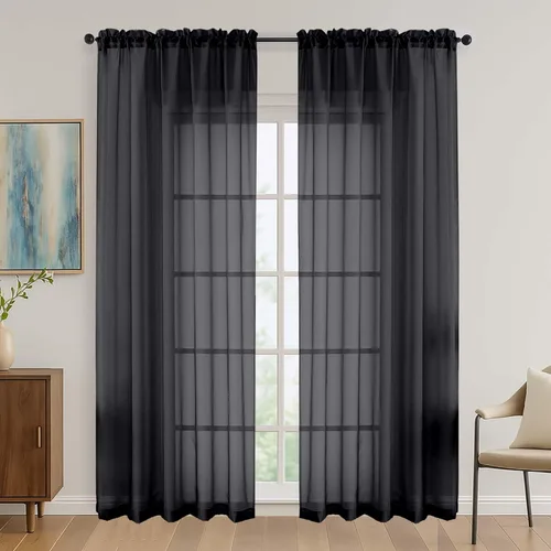 OVZME Cortinas traslúcidas de gasa, unicolor, ligeras, filtran la luz, para sala de estar/dormitorio/puerta corrediza, juego de 2 paneles, 42 Negro