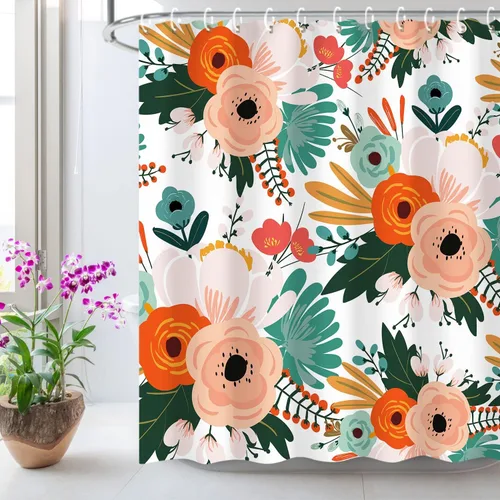 LIVILAN Cortina de ducha con diseño floral, juego de cortina de ducha con flores bohemias, coloridas cortinas de ducha con flores de color rojo,