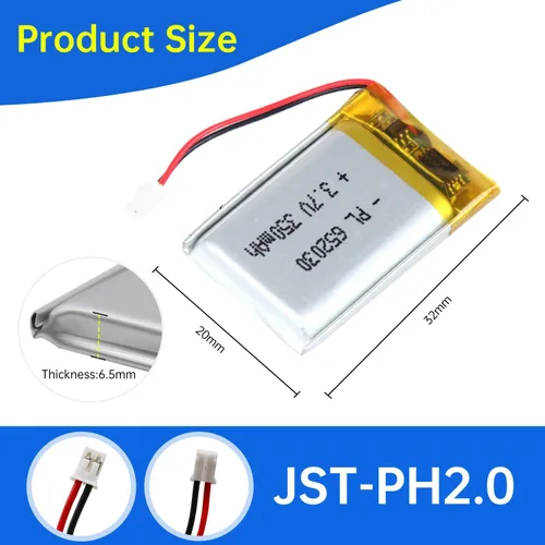 Miniatura 3 de 652030 Batería Lipo de 3.7V 350mAh 652030 Cargable Paquete de Batería de Polímero de Litio con Conector JST PH2.0mm para Dispositivo Electrónico