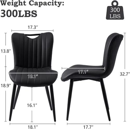 Miniatura 2 de Juego de 2 sillas de comedor tapizadas de cuero, modernas sillas de comedor de cocina de mediados de siglo con patas de metal negro, sillas