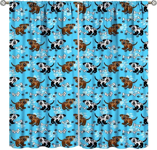 Cortinas opacas con diseño de animales, fondo azul con huellas de perro, huesos y divertido patrón de cachorro, cortinas de sala de estar para niños
