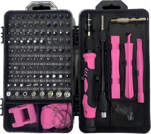 Juego de destornilladores de precisión profesional 115 en 1, kit de herramientas de reparación de electrónica magnética con asas moradas, juego