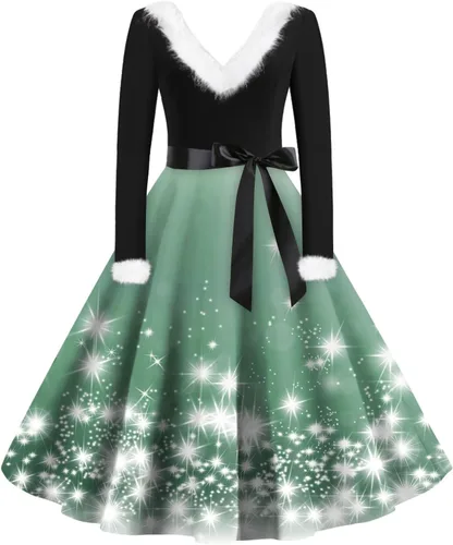 Christmas Dresses for Women 1950s Vintage Plus Size Long Sleeve V Neck Xmas Santa Claus Printed Prom Dress with Belt