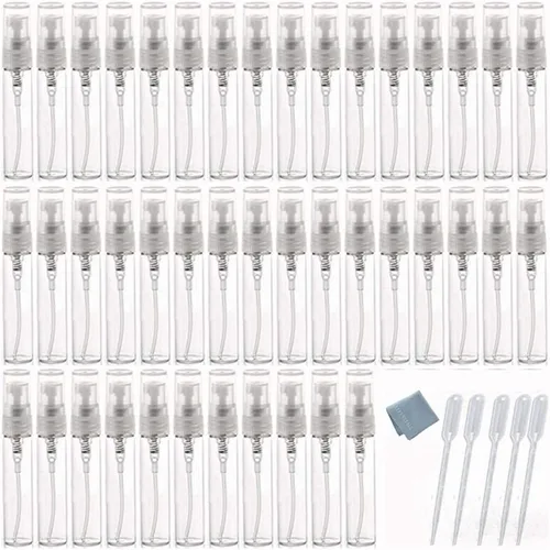 50 mini perfume de 0.2 fl oz de vidrio de niebla fina recargable, botella vacía atomizadora, pulverizador para viajes, fiesta, paño limpio de vidrio
