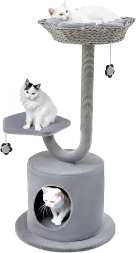 Tangkula Árbol para gatos de interior, torre para gatos de 42 pulgadas con marco de soporte de metal curvado, postes rascadores de sisal, percha