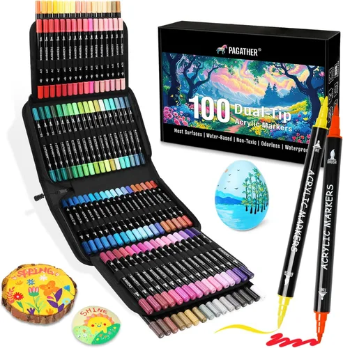 Pagather Marcadores de pintura acrílica de 100 colores, punta doble con punta fina y punta de pincel para piedra, madera, caligrafía, lienzo,