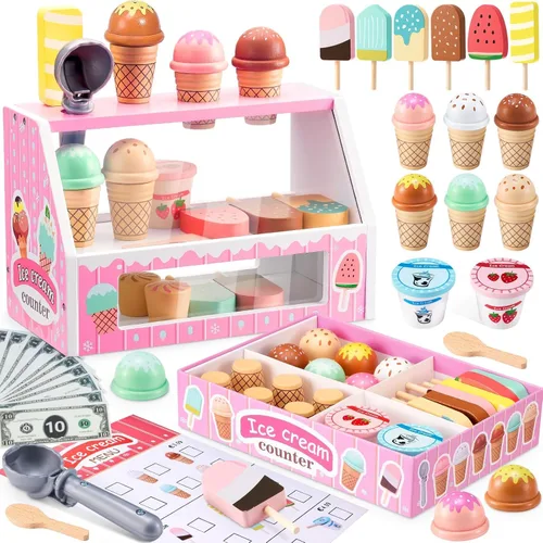WHOHOLL Juego de mostrador de helados de madera para niñas pequeñas, tienda de juegos, juguete de simulación, accesorios de cocina de juguete con