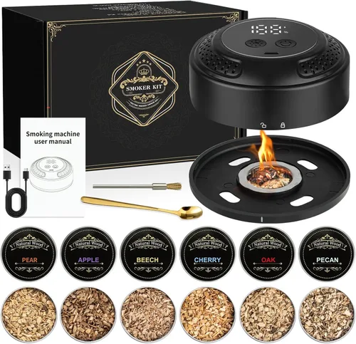 Kit de ahumador eléctrico de whisky, ahumador de cóctel recargable con encendedor integrado y kit de ahumador de bebidas 6 fichas de madera, kit de