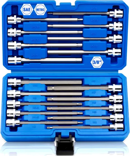 RIZOM Juego de llaves hexagonales Allen extra largas de 18 piezas, 3/8 pulgadas, SAE y métricas (1/8-3/8 pulgadas, 0.118-0.394 in), acero CR-V y S2