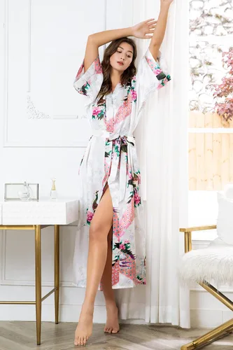 Miniatura 3 de BABEYOND Kimono de mujer bata larga con pavo real y flores estampado Kimono camisón