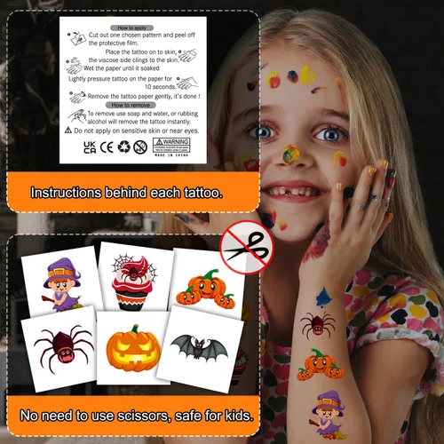 Miniatura 4 de Smilinfit Tatuajes temporales de Halloween para niños, recuerdos de fiesta de Halloween, hojas envueltas individualmente, suministros de decoración
