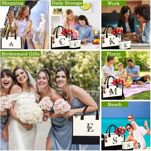Miniatura 7 de YOOLIFE Bolsa de lona personalizada con inicial con bolsa de maquillaje, bolsa de playa con cremallera correa ajustable, regalos de cumpleaños