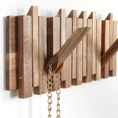 Miniatura 11 de Pequeño Perchero para Apartamento: 10.4 Pulgadas de Madera Rústica con 6 Ganchos de Pared Montable Retractable para Espacios Estrechos, Entrada