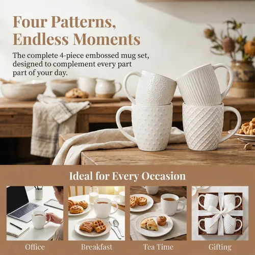 Miniatura 5 de Juego de 4 tazas de café blancas de 14 onzas, tazas de café de cerámica de granja, tazas texturizadas artesanales para oficina en casa, aptas