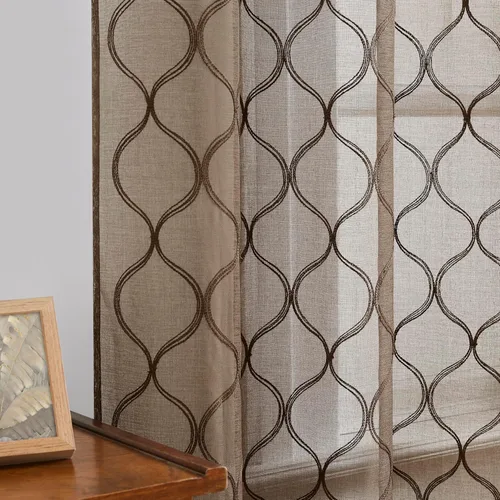 Bujasso Cortinas traslúcidas marrones de 54 pulgadas, con bordado geométrico para filtrar la luz, paneles cortos para sala de estar, cocina, juego