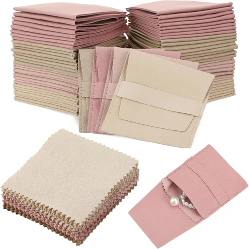 Miniatura 9 de 120 piezas de microfibra bolsa de joyería 3.1x3.1 in bolsa de embalaje regalo de lujo correa fija estilo sobre embalaje con paño de limpieza (beige)