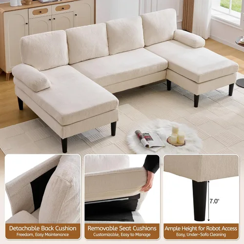 Miniatura 4 de Korser Sofás seccionales en forma de U para sala de estar, sofá moderno de tela de felpilla de 101 pulgadas con diván doble, sofá de 4 asientos
