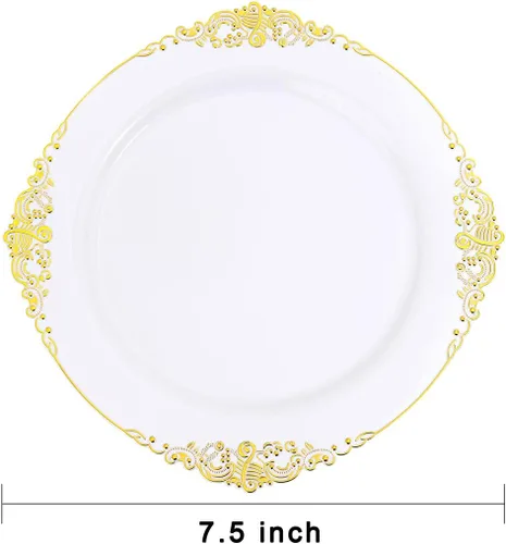 Miniatura 8 de Liacere 50 platos de plástico dorado – platos desechables de postre – platos dorados y blancos de 7.5 pulgadas – Platos de plástico blanco y dorado