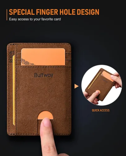 Miniatura 6 de Buffway - Cartera delgada minimalista de cuero con protección RFID para hombre y mujer