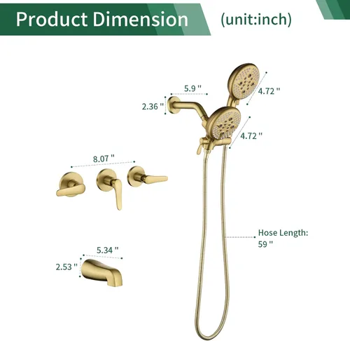 Miniatura 8 de Juego de grifo de ducha de 3 manijas, sistema de ducha con boquilla de bañera, juego de grifo de bañera, juego combinado de cabezal de ducha, Oro