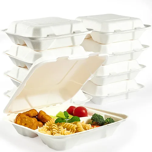 Miniatura 8 de Vplus Paquete de 300 Recipientes compostables para llevar con diseño de concha, de 20,3 x 20,3 cm, desechables y ecológicos, con 3 compartimentos