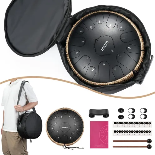 Miniatura 7 de Tambor de Lengua de Acero de 13 Pulgadas 15 Notas, LEKATO Tambor de Acero Clave C Principiante/Profesional Zen Tambor de Percusión para Meditación