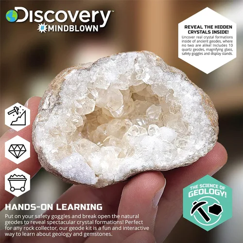 Miniatura 4 de Discovery Kit de geoda de cristal misterioso, 10 geodas de cuarzo real, incluye gafas, lupa y soportes de exhibición, juguete educativo de geología
