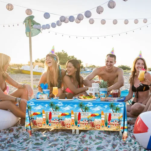 Miniatura 4 de Suministros para fiesta de cumpleaños en la playa, 142 piezas, decoración hawaiana para fiesta de piscina, incluye platos de cena de playa, mantel