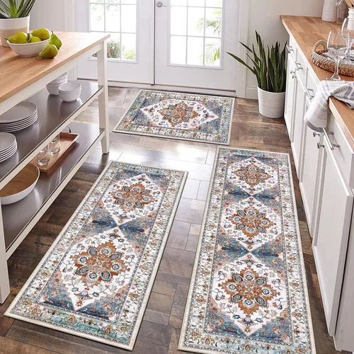 Miniatura 10 de Bsmathom - Juego de alfombras de cocina de estilo rústico de 3 piezas con corredor, alfombras de cocina antideslizantes y lavables, alfombras