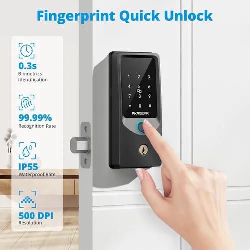 Miniatura 2 de AkaGear T02 Cerradura de puerta de entrada sin llave con huella dactilar, WiFi integrado, bloqueo inteligente para puerta delantera, control remoto