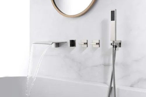 Miniatura 9 de Grifo de bañera de montaje en pared de níquel cepillado con ducha de mano y caño de cascada ancho alto caudal, SUMERAIN