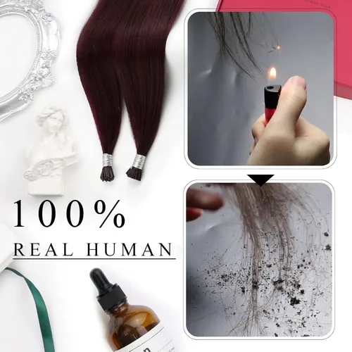 Miniatura 8 de Moresoo Extensiones de cabello humano con punta en I Tip, extensiones de cabello humano real color rojo vino, Itip para boda, 0.8 gm/hebra, 50
