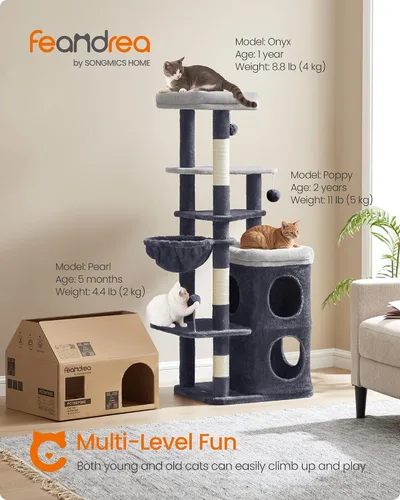Miniatura 2 de Feandrea Árbol para gatos, torre para gatos de 60 pulgadas, condominio de felpa de varios niveles con 2 cuevas, 3 postes rascadores, 3 perchas, gris