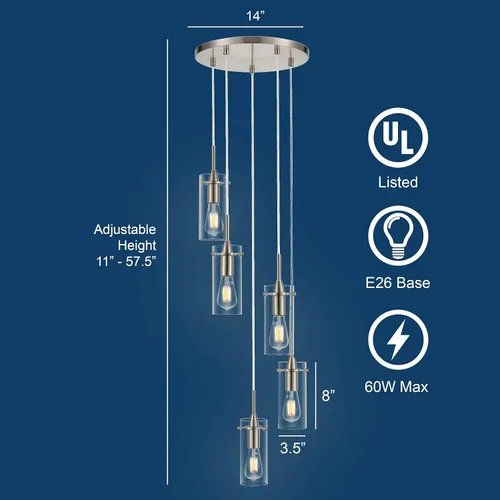 Miniatura 6 de Linea di Liara Effimero - Lámpara colgante de 5 luces en racimo de luces para escaleras, lámpara grande de níquel cepillado, moderna lámpara